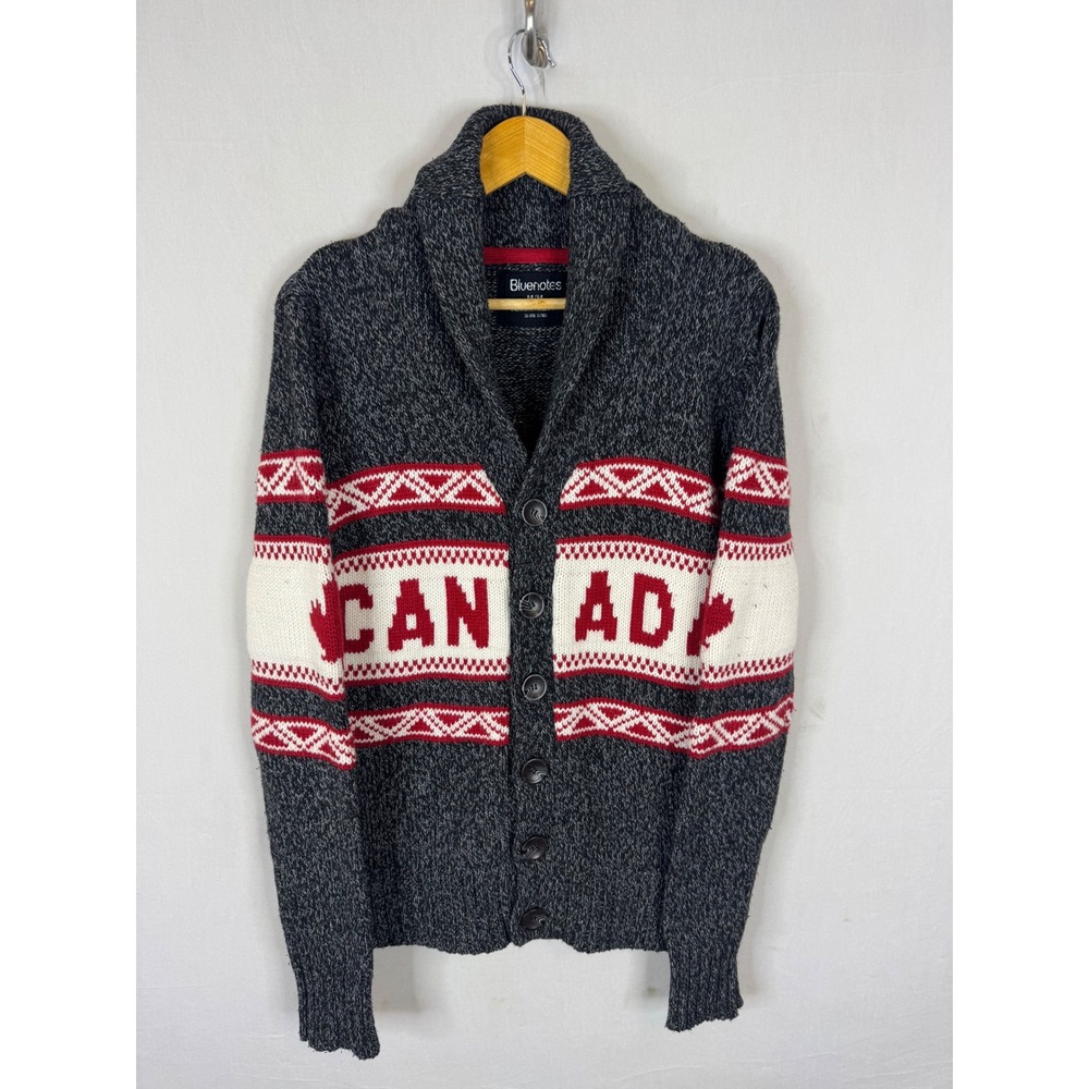 Bluenotes Mens Canada Shawl Collar Cardigan Sweater Grey Red Cowichan Size M